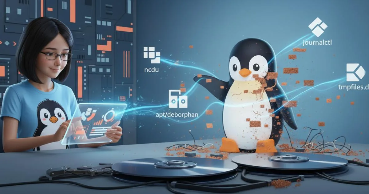 Безпечне очищення місця на диску в Linux: ncdu, apt/deborphan, journalctl і tmpfiles.d